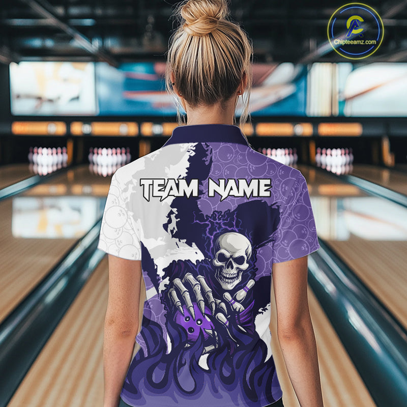 White and Purple Camo Flame Lightning Skull Bowling Shirts For Women Custom Bowling Team Jerseys NQS11055
