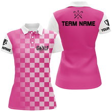 Load image into Gallery viewer, Womens golf polos shirts custom name pink checkered pattern ladies golf shirts, womens golf clothes NQS4561