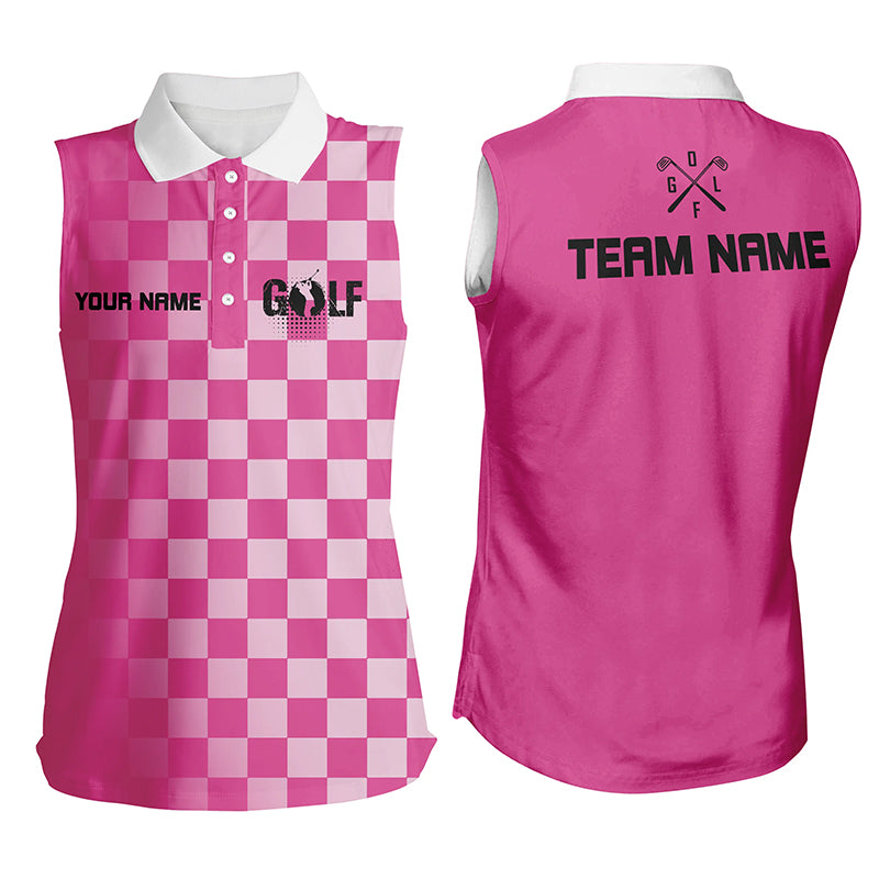 Womens sleeveless polo shirt custom name pink checkered pattern ladies golf shirts, women golf clothes NQS4561