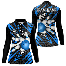 Load image into Gallery viewer, Black and Blue Camo Bowling Polo, Quarter Zip Shirt for Women Custom Team bowling jersey Bowler Outfit NQS9177