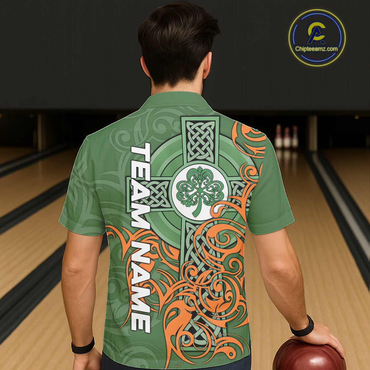 Green & orange Irish Tribal Cross St Patrick's Day Bowling Hawaiian shirt Custom Lucky Bowling Jersey NQS11255