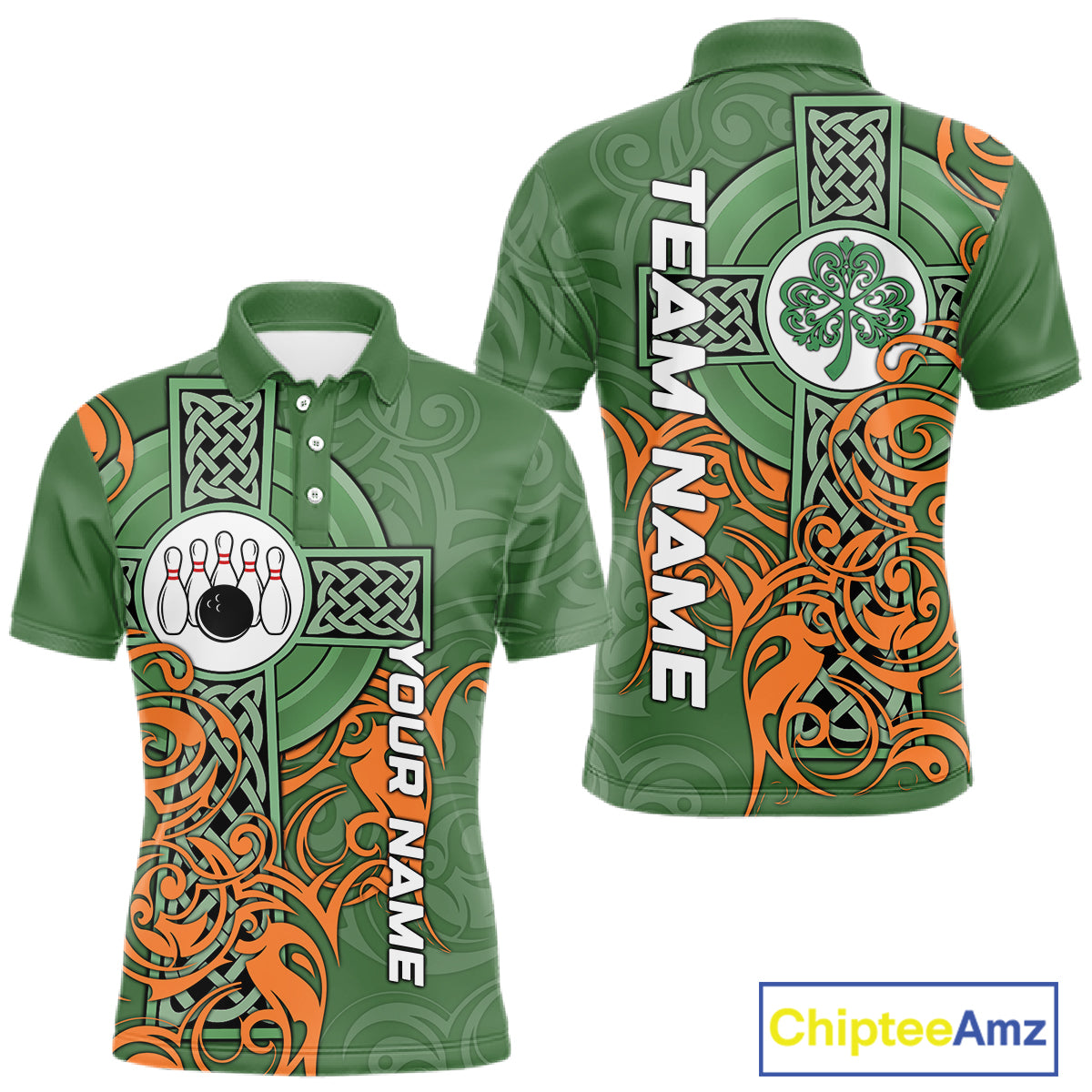 Green and orange Irish Tribal Cross St Patrick's Day Mens bowling shirts Custom Lucky Bowling Jerseys NQS11255