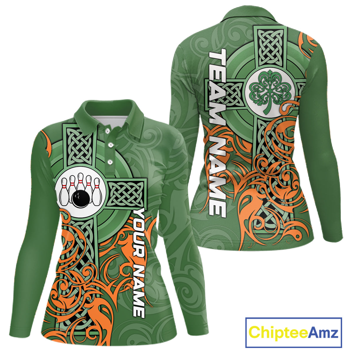Green and orange Irish Tribal Cross St Patrick's Day Women bowling shirts Custom Lucky Bowling Jersey NQS11255