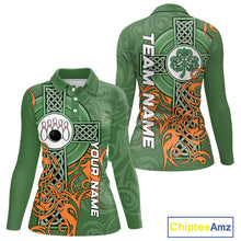 Load image into Gallery viewer, Green and orange Irish Tribal Cross St Patrick's Day Women bowling shirts Custom Lucky Bowling Jersey NQS11255