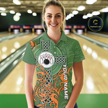 Load image into Gallery viewer, Green and orange Irish Tribal Cross St Patrick's Day Women bowling shirts Custom Lucky Bowling Jersey NQS11255