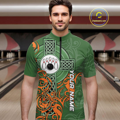 Green and orange Irish Tribal Cross St Patrick's Day Mens bowling shirts Custom Lucky Bowling Jerseys NQS11255
