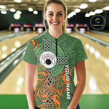Load image into Gallery viewer, Green and orange Irish Tribal Cross St Patrick's Day Women bowling shirts Custom Lucky Bowling Jersey NQS11255