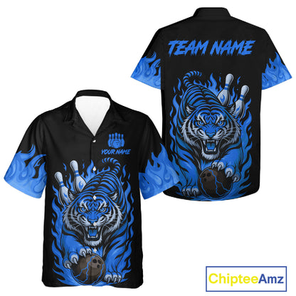Black and Blue Flame Tiger Bowling Hawaiian Shirt Custom Team Tiger Bowling Jersey NQS11256