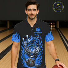 Load image into Gallery viewer, Black and Blue Flame Tiger Bowling Hawaiian Shirt Custom Team Tiger Bowling Jersey NQS11256