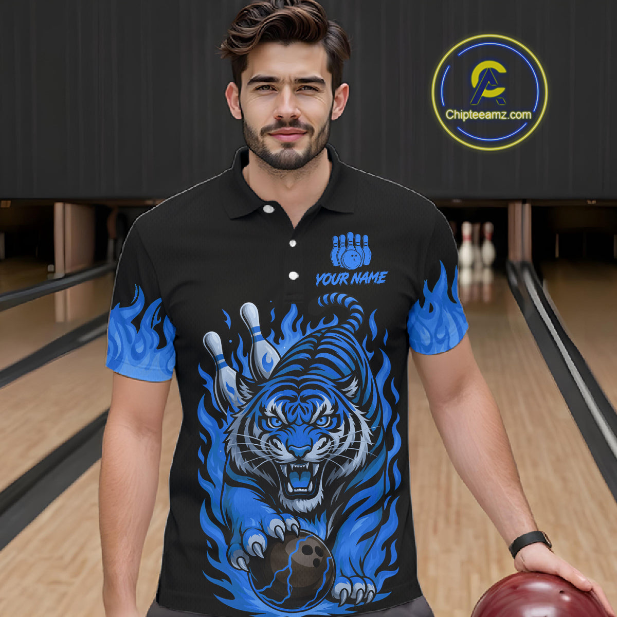 Black and Blue Flame Tiger Bowling Polo, 1/4 Zip Shirts for Men Custom Team Tiger Bowling Jersey NQS11256