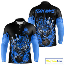 Load image into Gallery viewer, Black and Blue Flame Tiger Bowling Polo, 1/4 Zip Shirts for Men Custom Team Tiger Bowling Jersey NQS11256