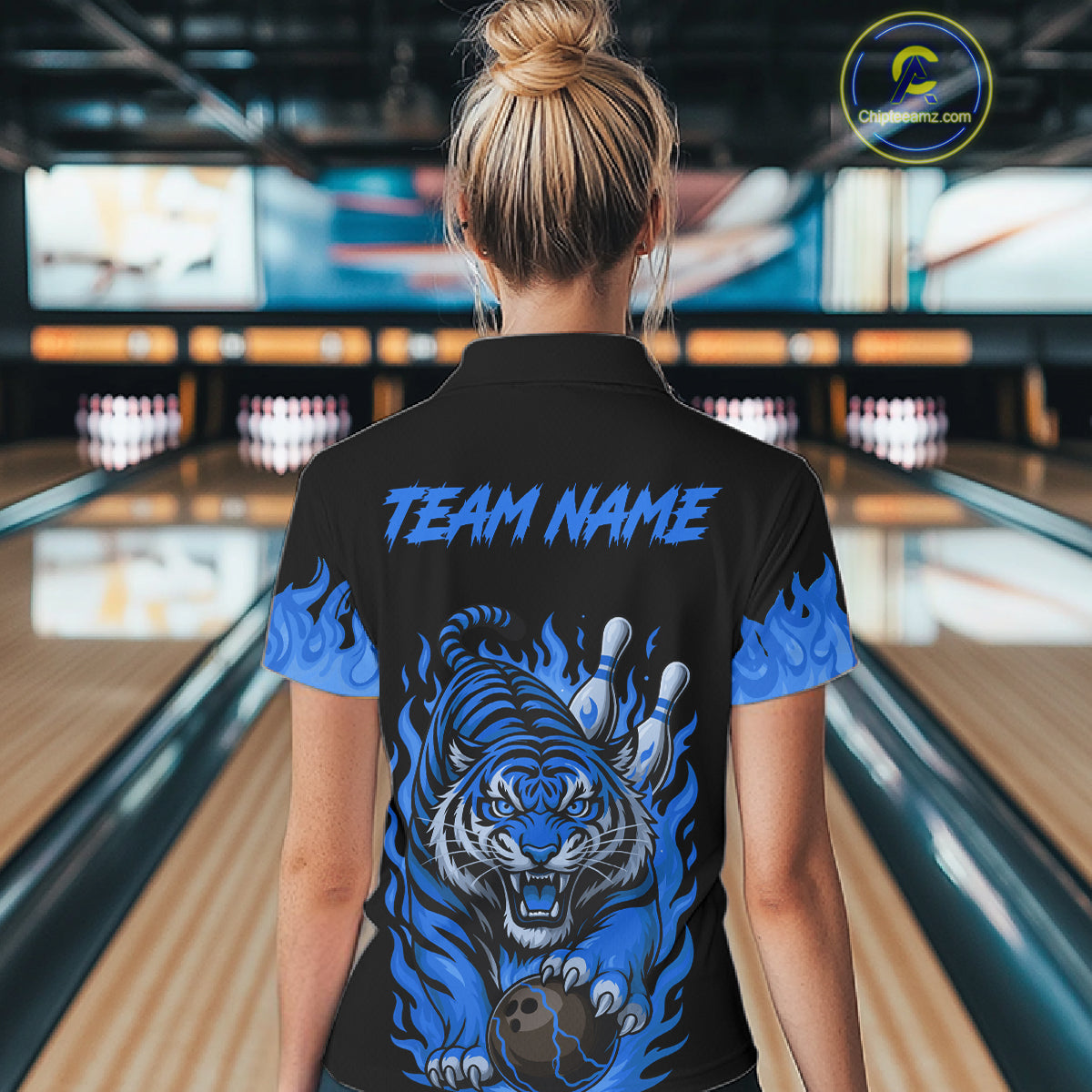 Black and Blue Flame Tiger Bowling Polo, 1/4 Zip Shirts for Women Custom Team Tiger Bowling Jersey NQS11256