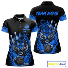 Load image into Gallery viewer, Black and Blue Flame Tiger Bowling Polo, 1/4 Zip Shirts for Women Custom Team Tiger Bowling Jersey NQS11256