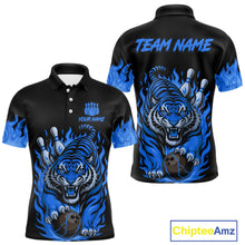 Load image into Gallery viewer, Black and Blue Flame Tiger Bowling Polo, 1/4 Zip Shirts for Men Custom Team Tiger Bowling Jersey NQS11256