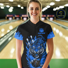 Load image into Gallery viewer, Black and Blue Flame Tiger Bowling Polo, 1/4 Zip Shirts for Women Custom Team Tiger Bowling Jersey NQS11256