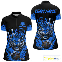 Load image into Gallery viewer, Black and Blue Flame Tiger Bowling Polo, 1/4 Zip Shirts for Women Custom Team Tiger Bowling Jersey NQS11256