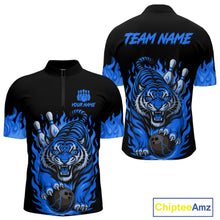 Load image into Gallery viewer, Black and Blue Flame Tiger Bowling Polo, 1/4 Zip Shirts for Men Custom Team Tiger Bowling Jersey NQS11256