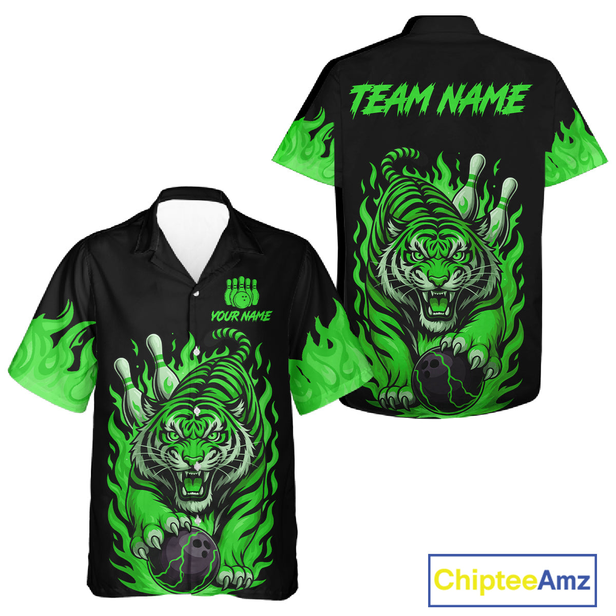 Black and Green Flame Tiger Bowling Hawaiian Shirt Custom Team Tiger Bowling Jersey NQS11257