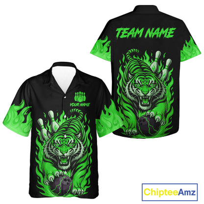 Black and Green Flame Tiger Bowling Hawaiian Shirt Custom Team Tiger Bowling Jersey NQS11257