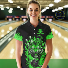 Load image into Gallery viewer, Black and Green Flame Tiger Bowling Polo, 1/4 Zip Shirts for Women Custom Team Tiger Bowling Jersey NQS11257