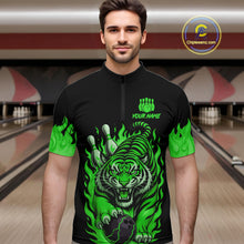 Load image into Gallery viewer, Black and Green Flame Tiger Bowling Polo, 1/4 Zip Shirts for Men Custom Team Tiger Bowling Jersey NQS11257