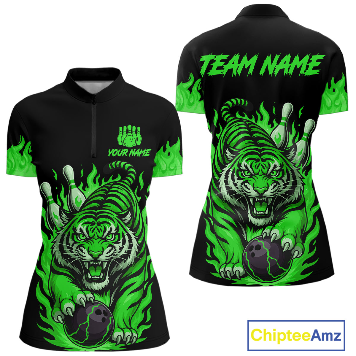 Black and Green Flame Tiger Bowling Polo, 1/4 Zip Shirts for Women Custom Team Tiger Bowling Jersey NQS11257