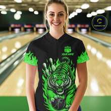 Load image into Gallery viewer, Black and Green Flame Tiger Bowling Polo, 1/4 Zip Shirts for Women Custom Team Tiger Bowling Jersey NQS11257