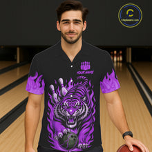 Load image into Gallery viewer, Black and Purple Flame Tiger Bowling Hawaiian Shirt Custom Team Tiger Bowling Jersey NQS11258