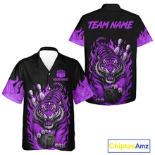 Load image into Gallery viewer, Black and Purple Flame Tiger Bowling Hawaiian Shirt Custom Team Tiger Bowling Jersey NQS11258