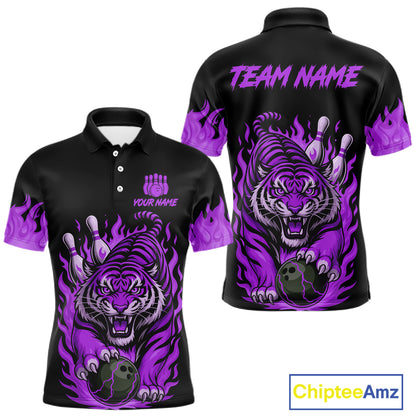 Black and Purple Flame Tiger Bowling Polo, 1/4 Zip Shirts for Men Custom Team Tiger Bowling Jersey NQS11258