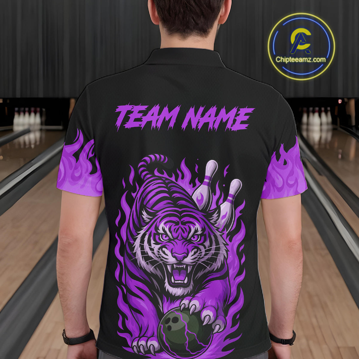 Black and Purple Flame Tiger Bowling Polo, 1/4 Zip Shirts for Men Custom Team Tiger Bowling Jersey NQS11258