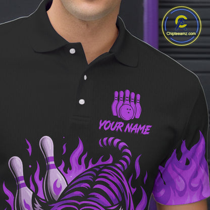 Black and Purple Flame Tiger Bowling Polo, 1/4 Zip Shirts for Men Custom Team Tiger Bowling Jersey NQS11258