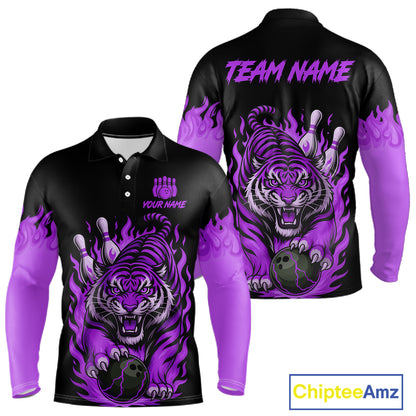 Black and Purple Flame Tiger Bowling Polo, 1/4 Zip Shirts for Men Custom Team Tiger Bowling Jersey NQS11258
