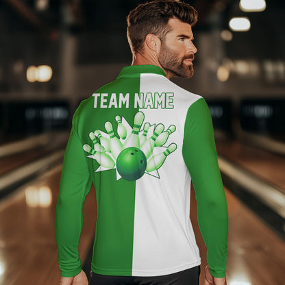 Green and white retro vintage Bowling polo, quarter zip shirts for men custom Bowling team jerseys NQS9533