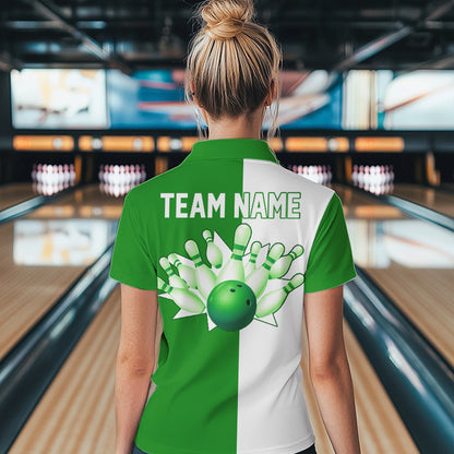 Green and white retro vintage Bowling polo, quarter zip shirts for Women custom Bowling team jerseys NQS9533