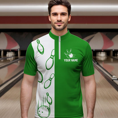 Green and white retro vintage Bowling polo, quarter zip shirts for men custom Bowling team jerseys NQS9533