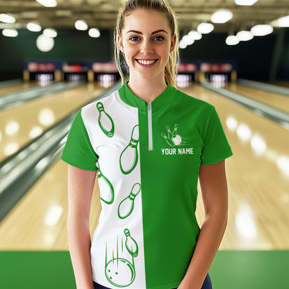 Green and white retro vintage Bowling polo, quarter zip shirts for Women custom Bowling team jerseys NQS9533