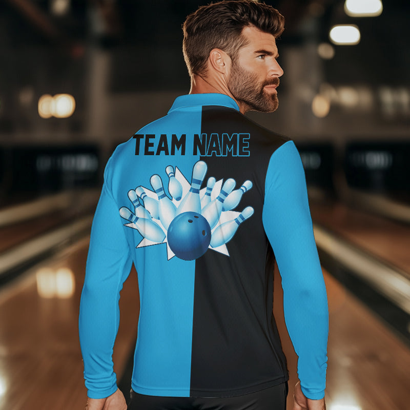 Cyan Blue and Black retro vintage Bowling polo, quarter zip shirts for men custom Bowling team jerseys NQS9534