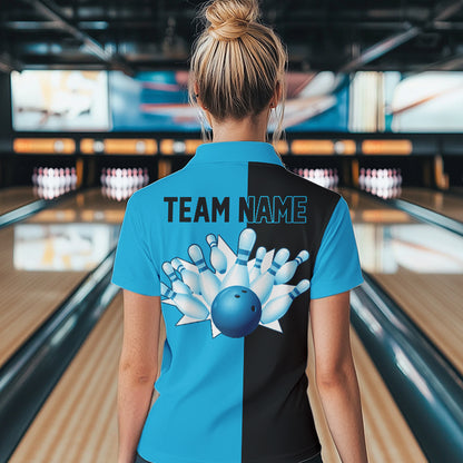 Cyan Blue and Black retro vintage Bowling polo, quarter zip shirt for Women custom Bowling team jersey NQS9534