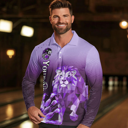 Purple Lightning Lion Bowling Polo, Quarter Zip Shirts for Men Custom Lion Bowling Team jerseys NQS9693