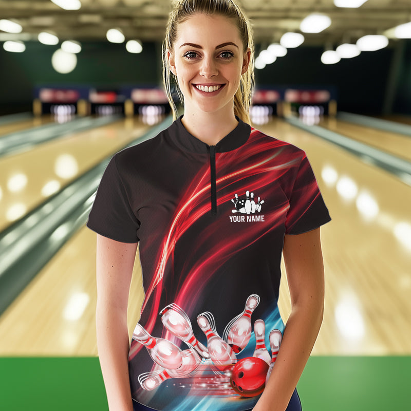 Custom Black and Red Women bowling Polo, Quarter Zip Shirts, team bowling outfits for women NQS9701