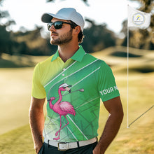 Load image into Gallery viewer, Funny Pink Flamingo Golf Polo Shirts for Men Custom Flamingo mens golf outfit | Green NQS11746