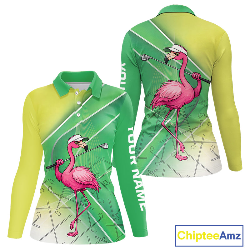 Funny Pink Flamingo Golf Polo Shirts for Women Custom Flamingo ladies golf outfit | Green NQS11746