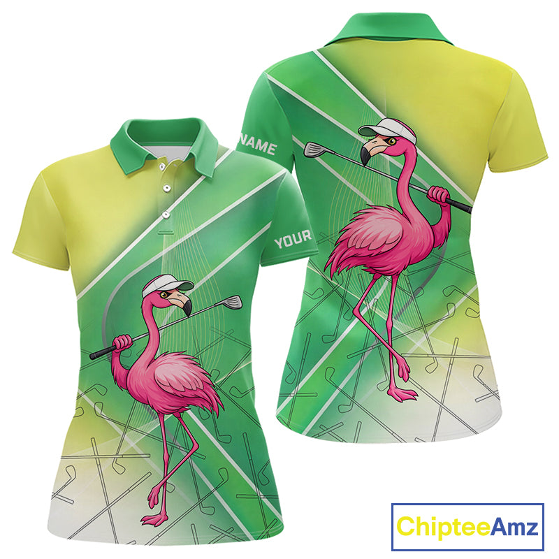 Funny Pink Flamingo Golf Polo Shirts for Women Custom Flamingo ladies golf outfit | Green NQS11746
