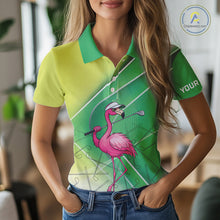 Load image into Gallery viewer, Funny Pink Flamingo Golf Polo Shirts for Women Custom Flamingo ladies golf outfit | Green NQS11746