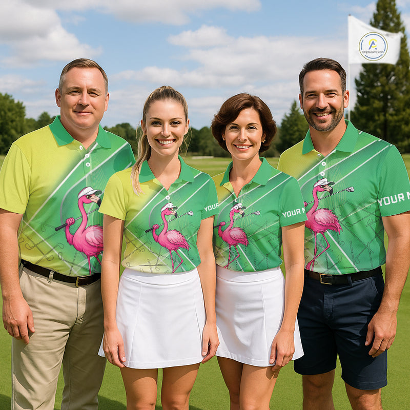 Funny Pink Flamingo Golf Polo Shirts for Women Custom Flamingo ladies golf outfit | Green NQS11746