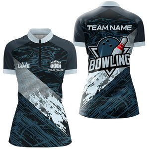 Blue camo bowling ball and pins custom Women Bowling Quarter Zip Shirts, gift for team bowlers NQS7481