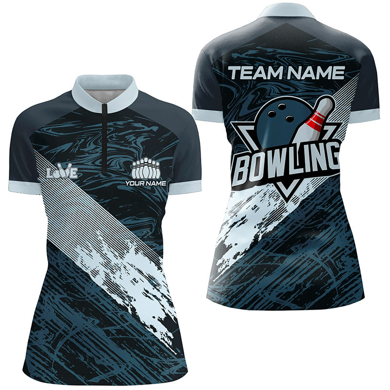 Blue camo bowling ball and pins custom Women Bowling Quarter Zip Shirts, gift for team bowlers NQS7481
