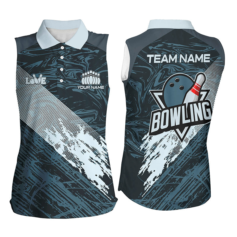 Blue camo bowling ball and pins custom Women Bowling sleeveless Polo Shirts, gift for team bowlers NQS7481
