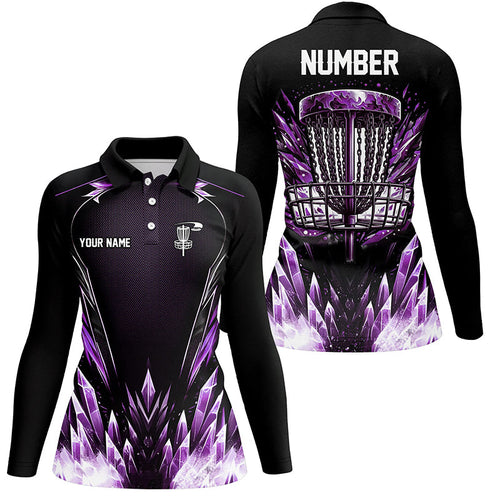 Icy purple Womens Disc golf polo shirts custom black disc golf basket jerseys, disc golf shirts NQS7633